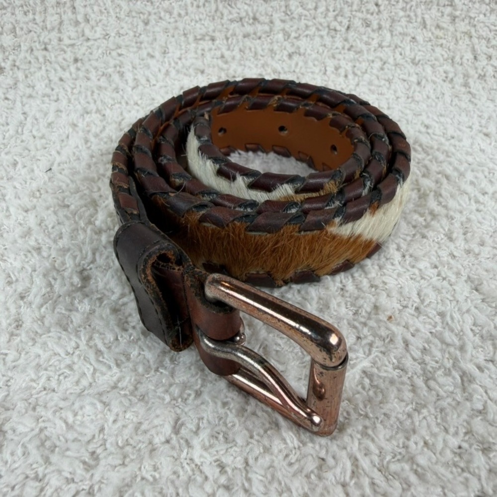 Genuine Leather Cowhide Hair on Hide Whipstitch Belt Brown Tan White Small 2860